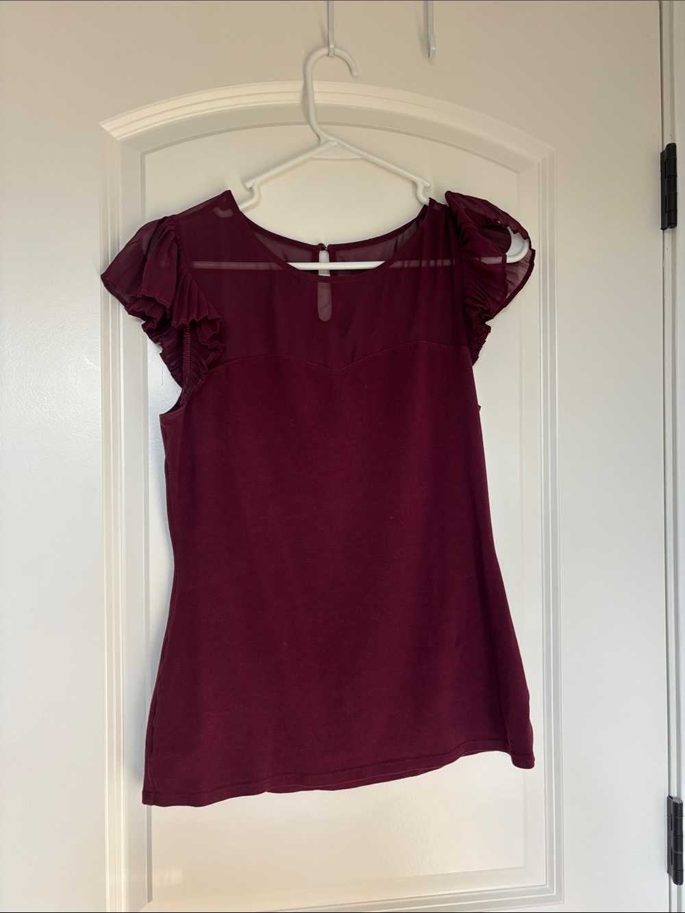 Express Burgundy Sheer Yoke Flutter Sleeve Top